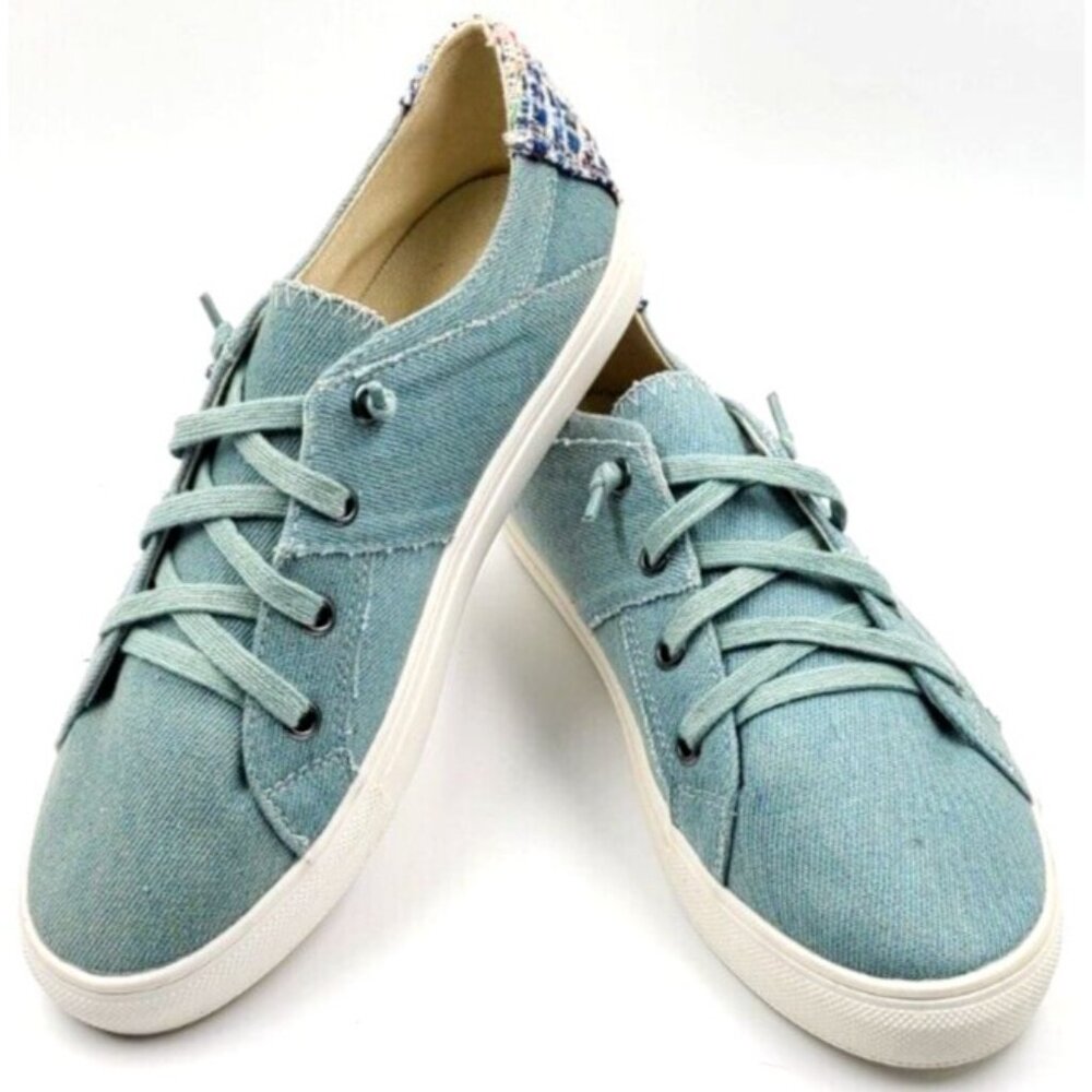 Joli Jolimall Blue Denim Low Top Sneakers Side Zipper Fabric Accents Women's 8